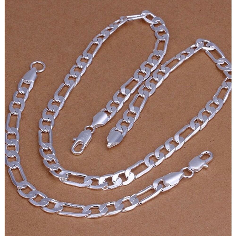 925 Stamp Silver Plated  8MM Bracelets 8”Necklace 18” Figaro Chain Set